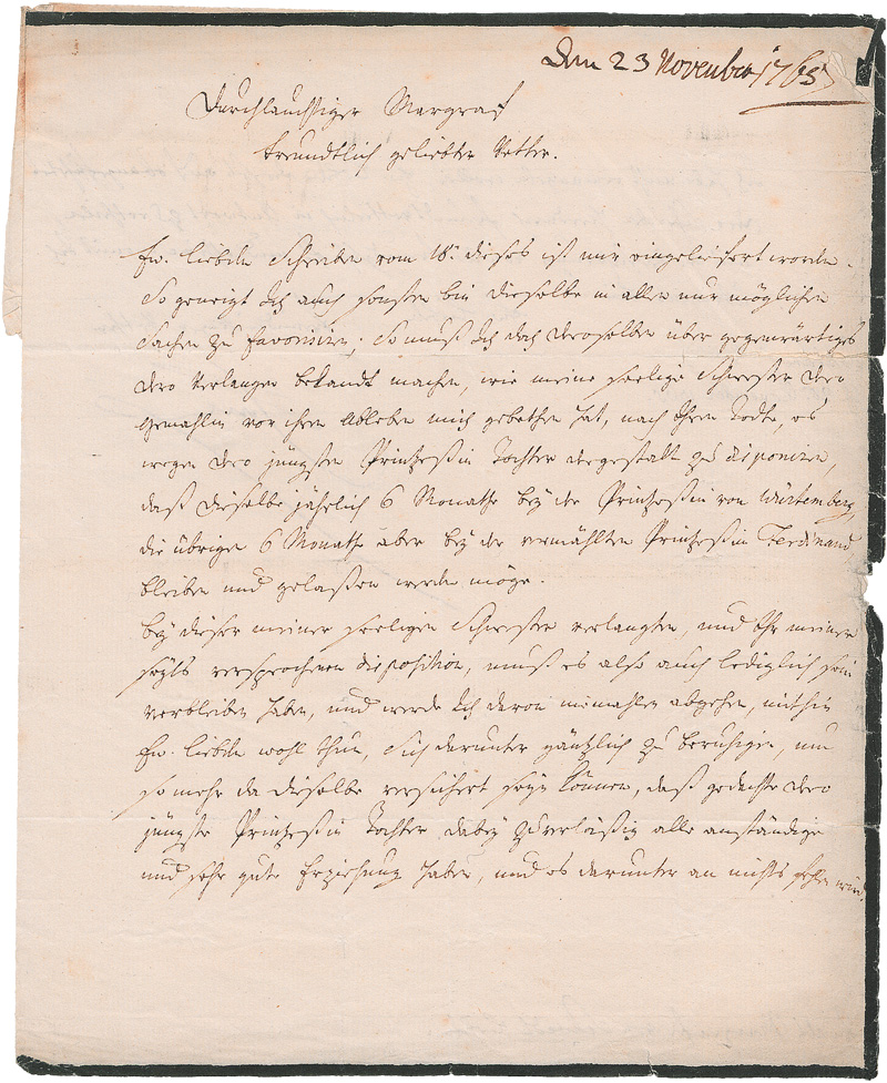 Lot 2581, Auction 126, Friedrich II., der Große, König von Preußen, Brief an den Markgrafen Friedrich Wilhelm von Brandenburg-Schwedt. 1765.