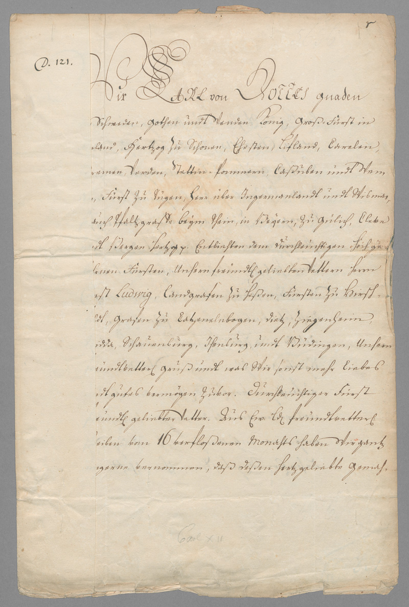 Lot 2590, Auction 126, Karl XII., König von Schweden, Brief an den Landgrafen Ernst Ludwig von Hessen-Darmstadt. 1705.