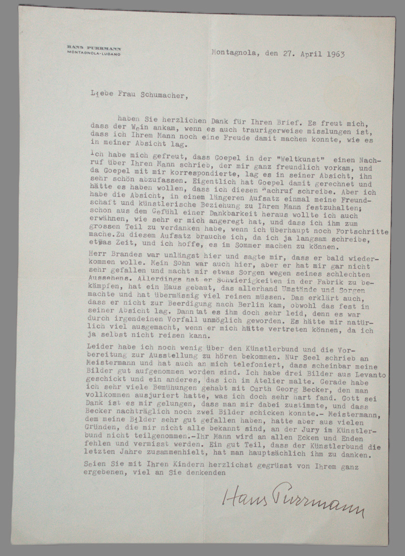 Lot 2619, Auction  126, Purrmann, Hans, Brief an die Witwe des Malers Ernst Schumacher. 1963