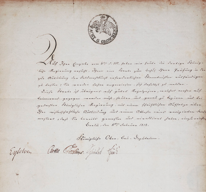 Lot 2620, Auction 126, Schinkel, Karl Friedrich, Brief an einen Feldmesser-Aspiranten. 1818