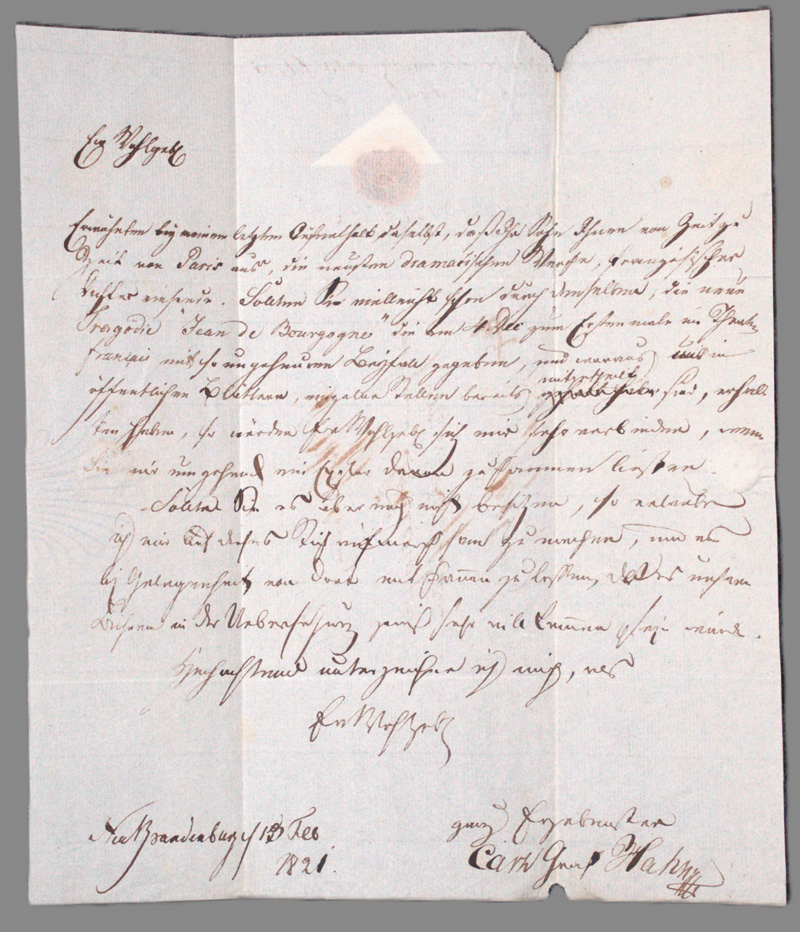 Lot 2626, Auction 126, Hahn-Neuhaus, Carl Graf von, Zur Hälfte eigenhändiger Brief. 1821