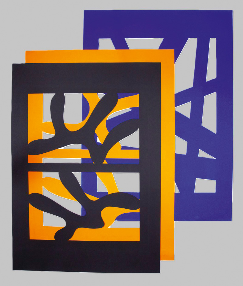 Lot 3169, Auction 126, Iizuka, Hashiro, 6 abstrakte großformatige Scherenschnitte in Blau, Gelb und Schwarz