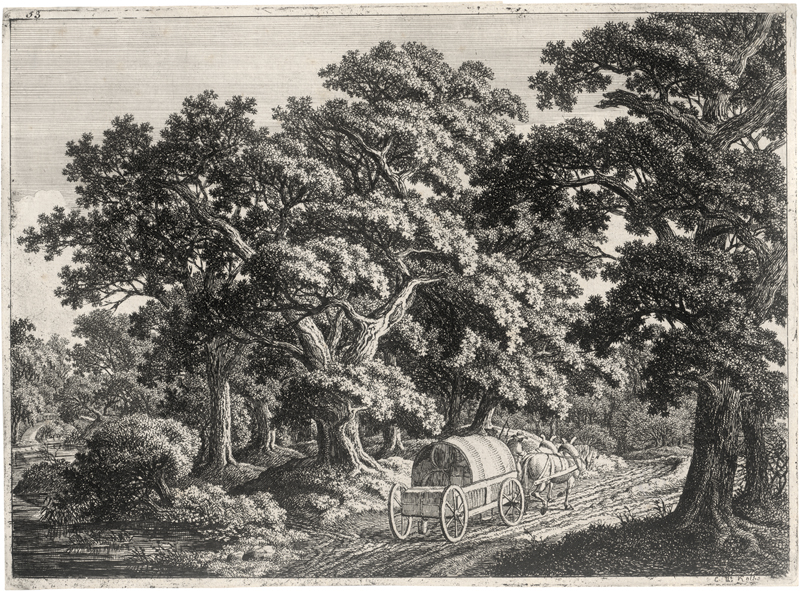 Lot 5601, Auction  126, Kolbe, Carl Wilhelm, Waldgegend: Auf einem Weg vorn ein Planwagen mit zwei Pferden