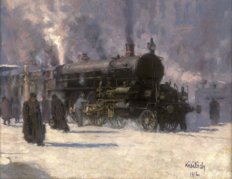 Lot 6206, Auction 126, Kreibich, Vilém, Vor der Abfahrt: Dampfende Lokomotive am winterlichen Gleis