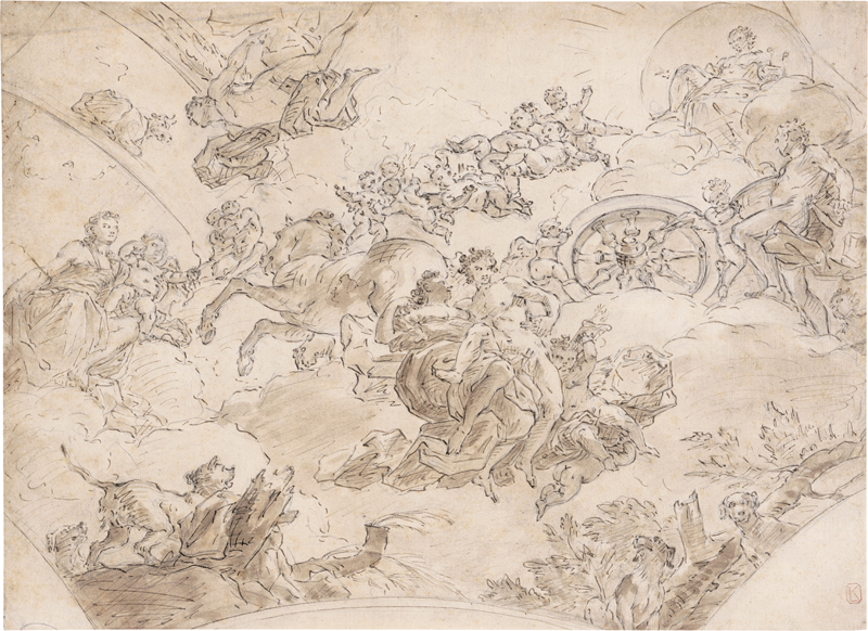 Lot 6561, Auction 126, Italienisch, 18. Jh. Entwurf für eine Deckenmalerei mit allegorischen Figuren, Putten und Motiven aus der Mythologie