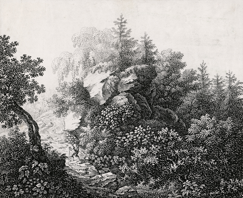 Lot 6639, Auction 126, Faber, Johann Theodor Eusebius - Schule, Waldpartie mit Felsformationen, im Mittelgrund ein Wanderer